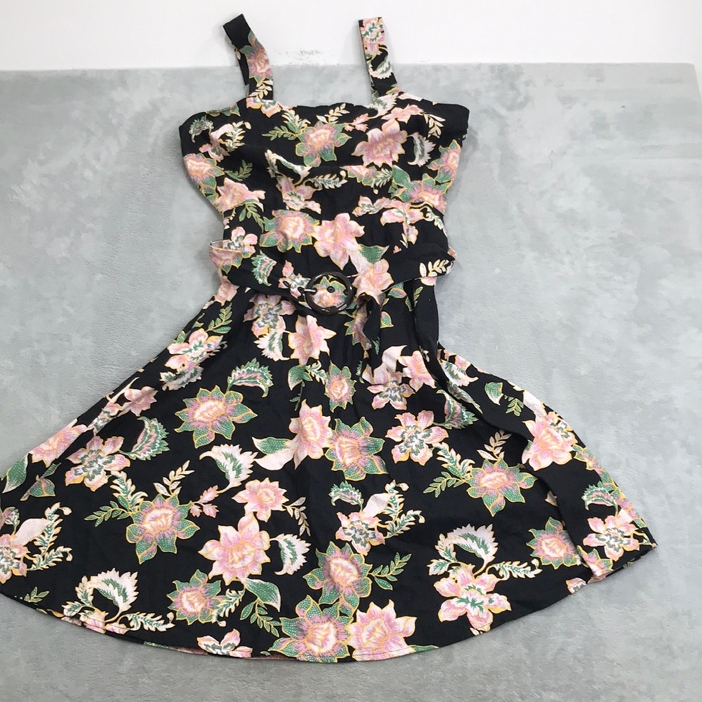 Who Wore What Black Floral Sleeveless Linen Blend Dress Size M New